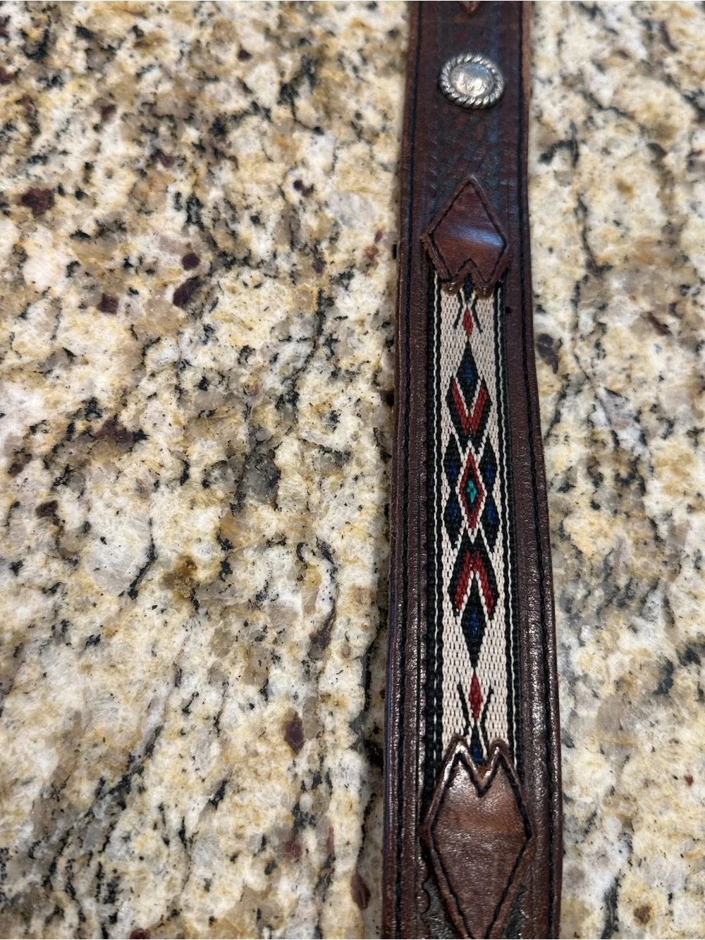 Western embroidered brown leather belt embossed silver decor 47”